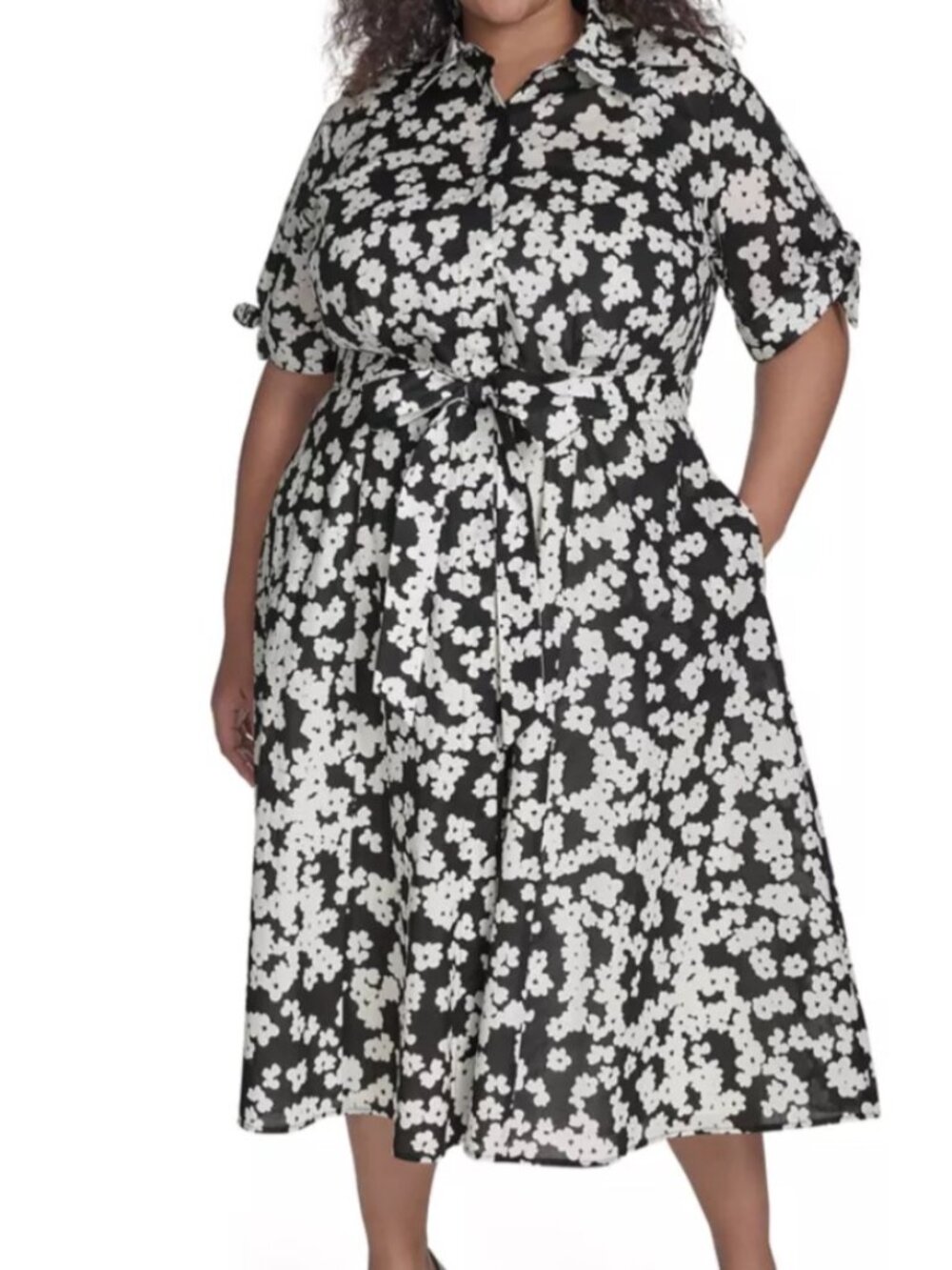 Calvin Klein Womens Plus Size Black & White Floral Belted Midi Shirt Dress 22W